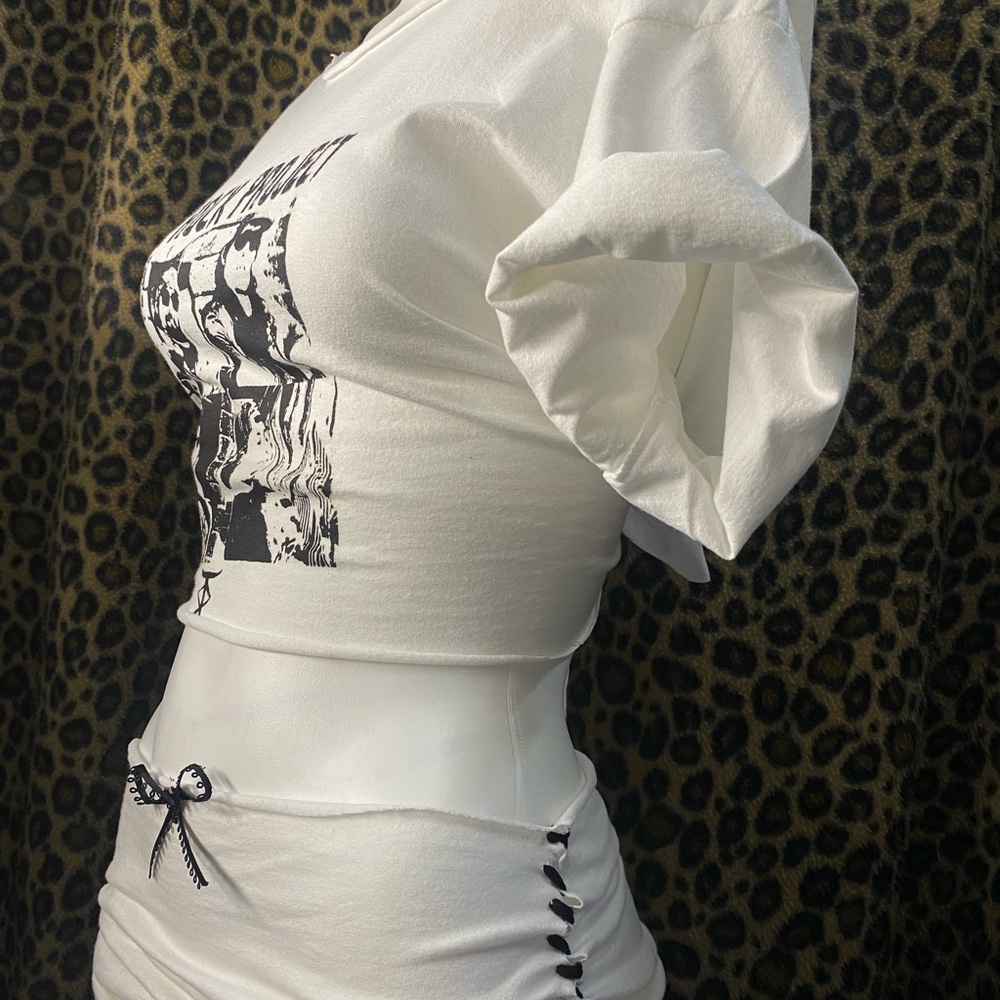 White Off Shoulder Graphic Tee With Mini Skirt